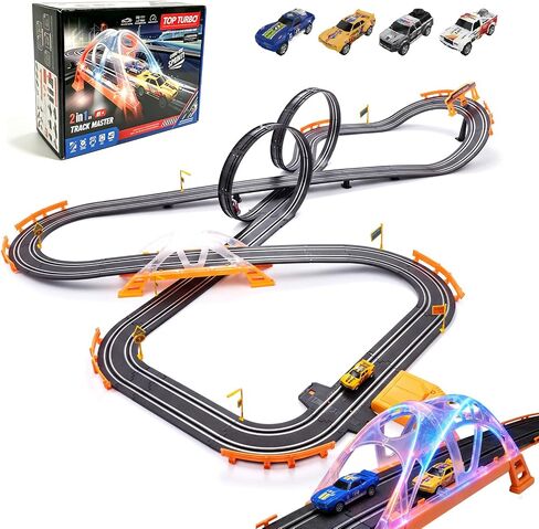 Slot Car Race Track Set for Kids – 28ft Electric Race Car Track with 4 Slot Cars, Dual Racing Tracks, Lap Counter & LED Overpass, Car Track Toy Gift for Boys Ages 6–12 in Kuwait
