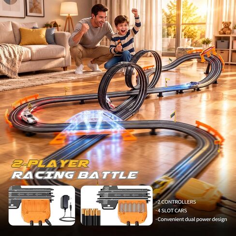 Slot Car Race Track Set for Kids – 28ft Electric Race Car Track with 4 Slot Cars, Dual Racing Tracks, Lap Counter & LED Overpass, Car Track Toy Gift for Boys Ages 6–12 in Kuwait