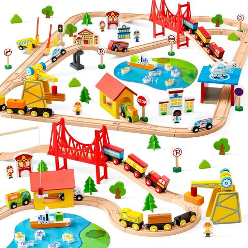 60PCS Wooden Train Set - Toy Magnetic Trains with Wooden Track Set for Kids Ages 3-8, Construction Crane Railway Set, Perfect Easter Birthday Gift for Grandkids Toddlers Boys Girls in Kuwait