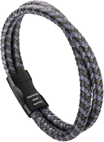 murtoo Mens Bracelet leather and Steel, Stainless Steel Chain and Leather Bracelets for Men in Kuwait
