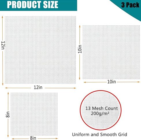 3pcs /3sizes Needlepoint Canvas 13-Mesh Cotton, White Pure Cotton Cross Stitch& Embroidery Blank Mesh Cloth for Knit Crochet Projects and DIY Embroidery Crafts (3Pcs) in Kuwait