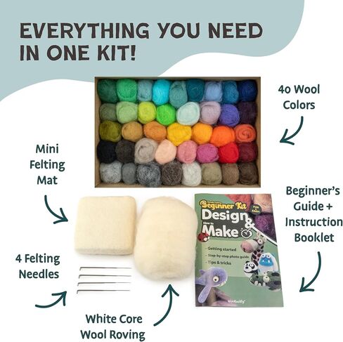 Woolbuddy Needle Felting Kit Beginner Set, 40 Colors, White Core Wool, Tool in Kuwait