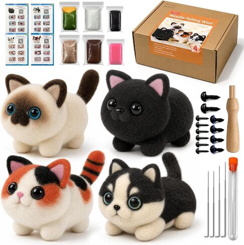 Voduynl Beginner Needle Felting Kit - 4 Cats and Dogs Pairs - Includes Wool, Tools, Step-by-Step Video, Safety Guide & Instruction Cards, Ideal Starter Set for Adults & DIY Beginners in Saudi Arabia