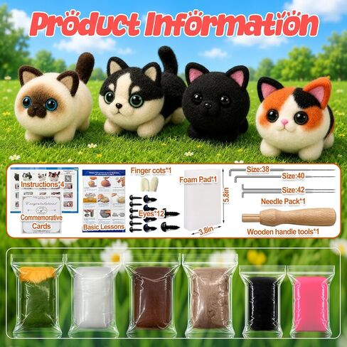 Voduynl Beginner Needle Felting Kit - 4 Cats and Dogs Pairs - Includes Wool, Tools, Step-by-Step Video, Safety Guide & Instruction Cards, Ideal Starter Set for Adults & DIY Beginners in Saudi Arabia
