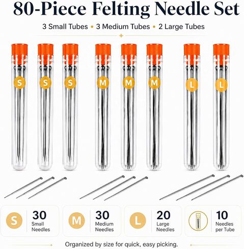 Gipony 80-Piece Felting Needles - 8 Tubes (30 Small, 30 Medium, 20 Large Needles) | Pro Needle Felting Tools & Supplies | Bulk Sizes for Wool Sculpting in Kuwait