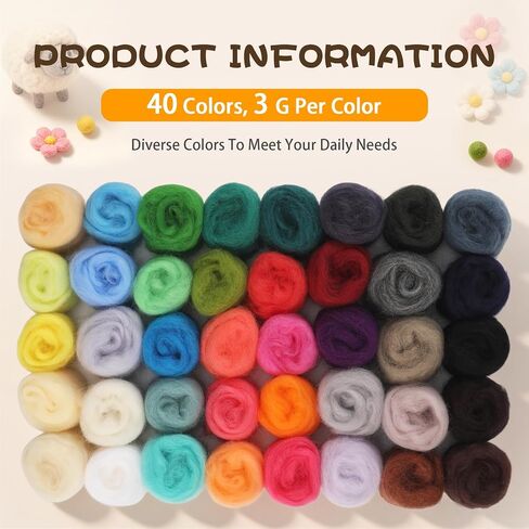 Wonvoc 40 Colors Needle Felting Wool, Wool Roving 3g /Color, 4.2 oz Total in Saudi Arabia