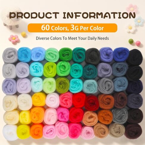 Wonvoc 60 Colors Needle Felting Wool, Wool Roving 3g /Color, 6.3 oz Total in Saudi Arabia