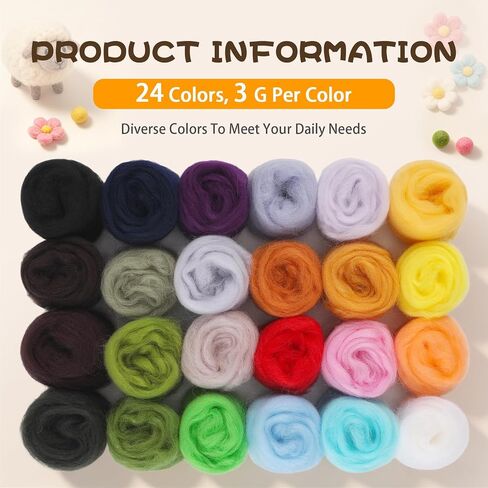 Wonvoc 24 Colors Needle Felting Wool, Wool Roving 3g /Color, 2.5 oz Total in Saudi Arabia