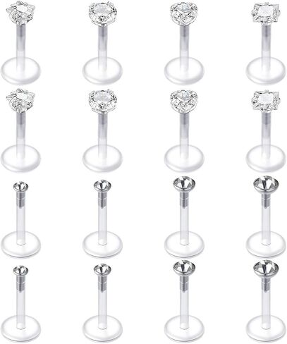 Mayhoop 16G 16Pcs Tragus Earrings Lip Rings Labret Studs Jeweled Cartilage Helix Earrings Flexible Clear Bar Monroe Medusa Piercing Retainer 6mm 8mm for Women Men in Kuwait