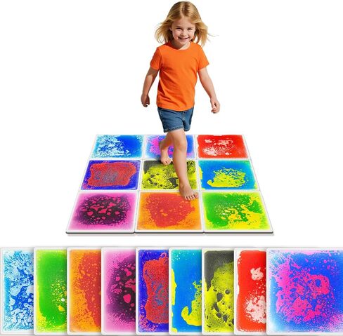 Liquid Sensory Floor Tiles for Kids Ages 3+, 12" Step-On Tiles with Non-Slip Base, Interactive Color-Flow, Assorted Colors, Classroom Sensory Path Set (6-Pack) in Kuwait