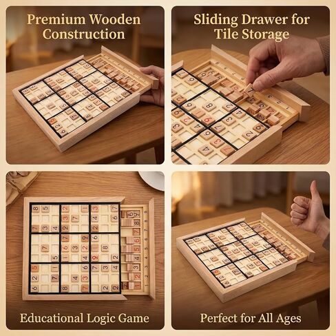Wooden Sudoku Puzzle Board Game with Drawer, Includes Extra Number Tiles and Puzzles Booklet, Educational Logic Brain Teaser Toy for Adults (Black)​ in Saudi Arabia