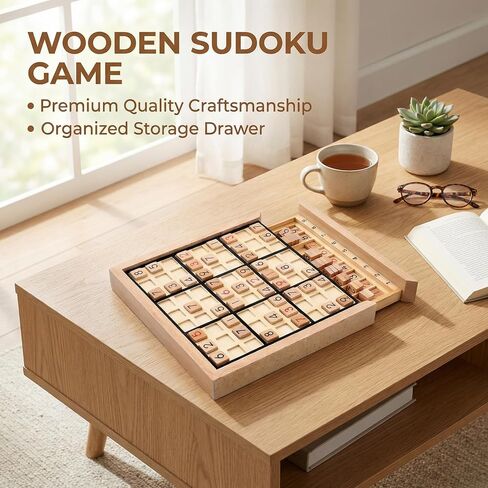 Wooden Sudoku Puzzle Board Game with Drawer, Includes Extra Number Tiles and Puzzles Booklet, Educational Logic Brain Teaser Toy for Adults (Black)​ in Saudi Arabia