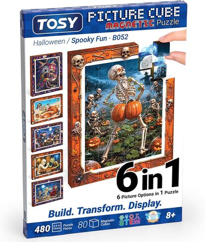 TOSY Picture Cube Halloween Spooky Fun: 6-in-1 Magnetic Picture Puzzle, 80 Blocks, 480 Puzzle Faces, 0.63 in, B052, Seamless UV Art, Display-Ready Frame, Collectible, STEM/STEAM Gift for Kids & Adults in Kuwait