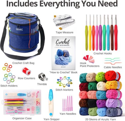 Piccassio Crochet Kit for Beginners – Complete Starter Set for Adults & Teens with 20 Yarn Colors, Hooks, Book & Organizer Bag – Learn to Make Amigurumi, Plushies & Handmade Gifts in Kuwait