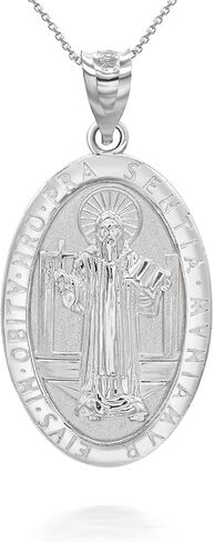 Medalla De San Benito Saint St Benedict Oval Medal Silver Pendant Necklace with Rolo Chain and Pendant only in Saudi Arabia
