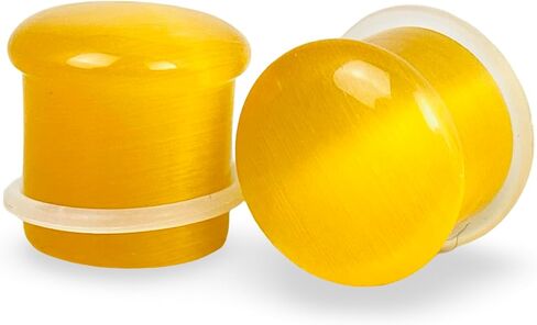 Pair of Yellow Cat Eye Stone Single Flare Plugs (STN-723) in Kuwait