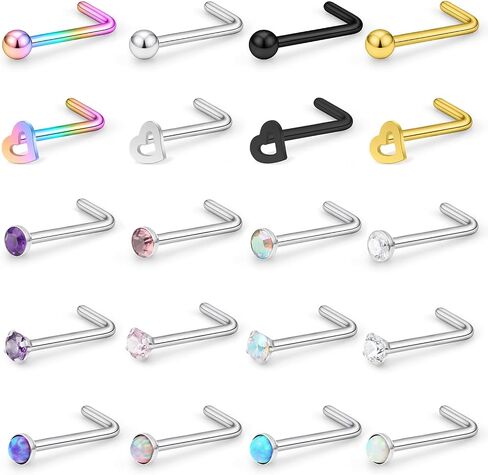 Hoeudjo 18G Opal Nose Rings Surgical Steel Nose Ring Studs Heart CZ Inlaid Piercing Jewelry for Women Men Girls 16-20 Pieces in Kuwait