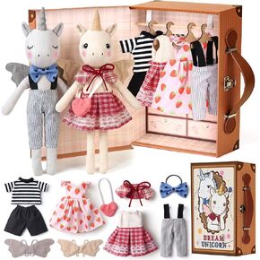 TUZT Unicorn Dress Up Doll Set with Portable Wardrobe Closet, 2 Unicorn Stuffed Animals with 4 Dress-Up Outfits, Unicorn Toys for Girls Age 4-6, Travel Pretend Play Toy Birthday Gift for Kids 3-8 in Kuwait