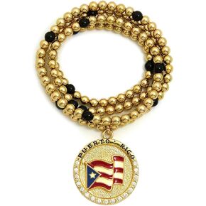 Iced Out Puerto Rico Flag Round Pendant 6mm 30" Black Wooden Bead Necklace in Gold Tone in Saudi Arabia
