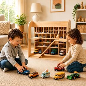 Wooden Toy Car Garage, Pine Wood Parking Garage with Ramp, Kids Vehicle Storage Organizer, Multi-Level Display Shelf for Playroom, Gift for Boys and Girls in Kuwait
