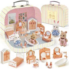 TUZT Suitcase Dollhouse Furniture Set for Kids, Mini Dollhouse Box with 2 Flexible Dolls and Bedroom&Bathroom Furnitures, Pretend Play Accessories Christmas Birthday Gift for Toddlers Ages 3+ in Kuwait