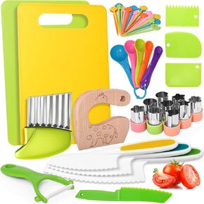 Reaeon 5 Pcs Kids Cooking Sets Real, Montessori Kitchen Tools, Kids Knife Set for Real Cooking, 4 Pcs Children's Safety Cooking Knives, 1 Pc Cutting Board, Serrated Edges Toddler Girl Boy in Saudi Arabia