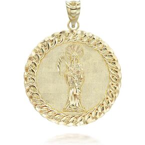 Solid 14k Yellow Gold Santa Muerte (Grim Reaper) Cuban Link Round Frame Pendant Necklace and Pendant Only in Kuwait