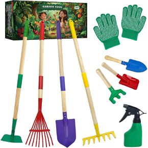 VICHTOP 10Pcs Kids Gardening Tools Set - Wheelbarrow Toys with Shovel, Rake, Hoe and Leaf Rake for Outdoor Backyard Play, STEM Educational Toys, for Toddler Boys & Girls Ages 3 4 5 in Kuwait