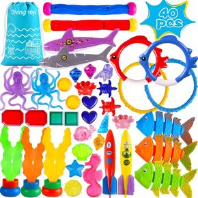 20Pcs Summer Pool Diving Swimming Toys for Kids Ages 3-12, Fun Swim Games Sinking Set, Underwater Dive Gifts with Storage Bag Include Torpedo Gems Shark Rings Sea Animals for Boys Girls in Kuwait
