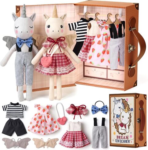 TUZT Unicorn Dress Up Doll Set with Portable Wardrobe Closet, 2 Unicorn Stuffed Animals with 4 Dress-Up Outfits, Unicorn Toys for Girls Age 4-6, Travel Pretend Play Toy Birthday Gift for Kids 3-8 in Kuwait