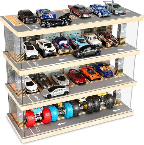 Saichotoy Display Case for Hot Wheels, Lighted 4-Tier Wooden Garage Storage in Saudi Arabia