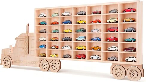 3D Wooden Toy Cars Display, Wall-Mounted for 42 Toy Cars, 1/64 Scale Model Car Organizer with Unique Patchwork Design in Saudi Arabia