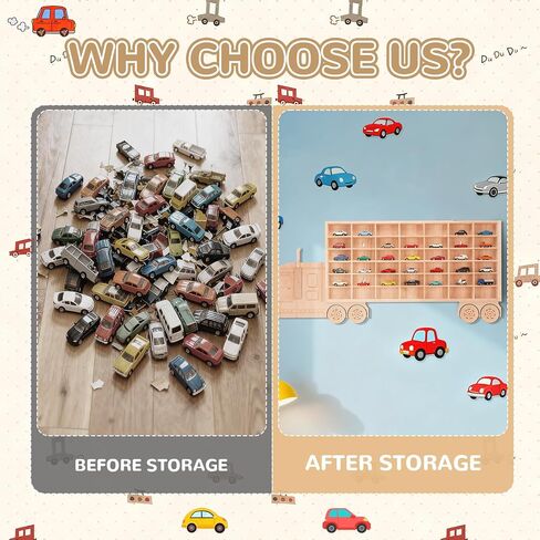 3D Wooden Toy Cars Display, Wall-Mounted for 42 Toy Cars, 1/64 Scale Model Car Organizer with Unique Patchwork Design in Saudi Arabia