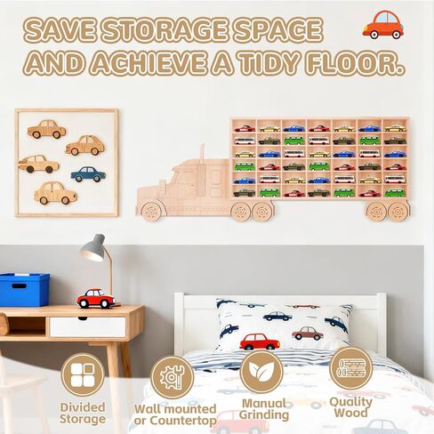 3D Wooden Toy Cars Display, Wall-Mounted for 42 Toy Cars, 1/64 Scale Model Car Organizer with Unique Patchwork Design in Saudi Arabia