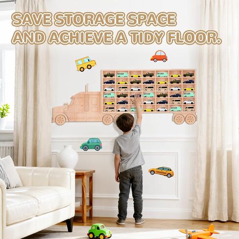 3D Wooden Toy Cars Display, Wall-Mounted for 42 Toy Cars, 1/64 Scale Model Car Organizer with Unique Patchwork Design in Saudi Arabia