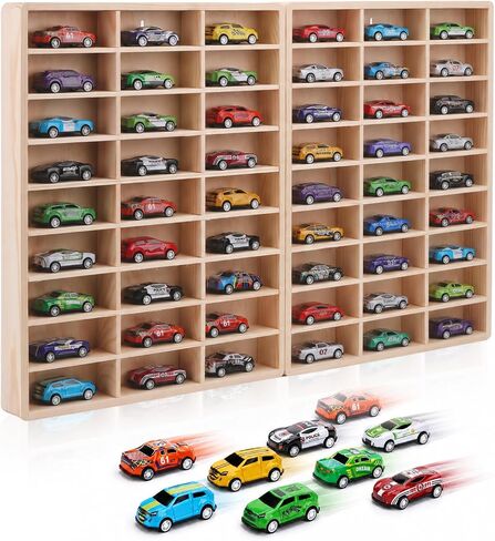 Wooden Wall Mount Display Case for 54 Hot Wheels & 1/64 Scale Model Cars - Collapsible Toy Car Storage Organizer Shelf, Could Easily be Painted/Stained for a DIY Project in Saudi Arabia