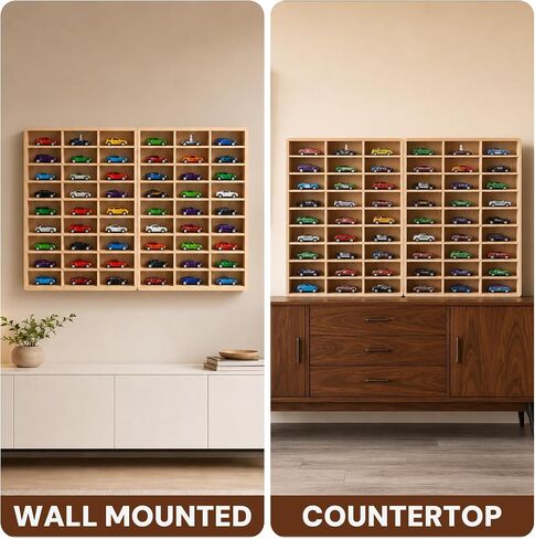 Wooden Wall Mount Display Case for 54 Hot Wheels & 1/64 Scale Model Cars - Collapsible Toy Car Storage Organizer Shelf, Could Easily be Painted/Stained for a DIY Project in Saudi Arabia