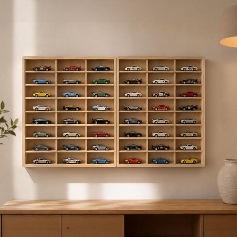 Wooden Wall Mount Display Case for 54 Hot Wheels & 1/64 Scale Model Cars - Collapsible Toy Car Storage Organizer Shelf, Could Easily be Painted/Stained for a DIY Project in Saudi Arabia
