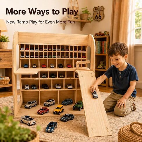 Wooden Toy Car Garage, Pine Wood Parking Garage with Ramp, Kids Vehicle Storage Organizer, Multi-Level Display Shelf for Playroom, Gift for Boys and Girls in Kuwait