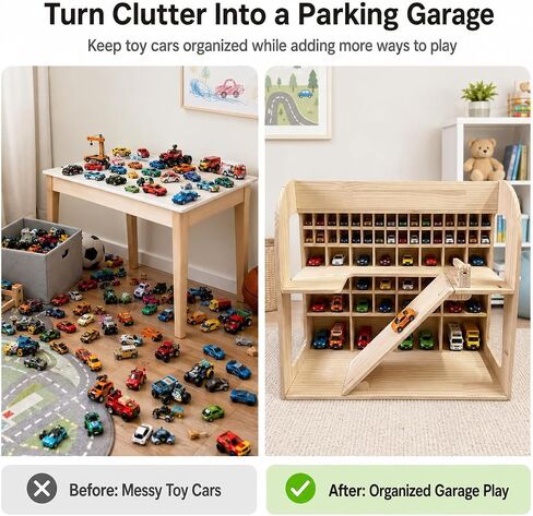 Wooden Toy Car Garage, Pine Wood Parking Garage with Ramp, Kids Vehicle Storage Organizer, Multi-Level Display Shelf for Playroom, Gift for Boys and Girls in Kuwait