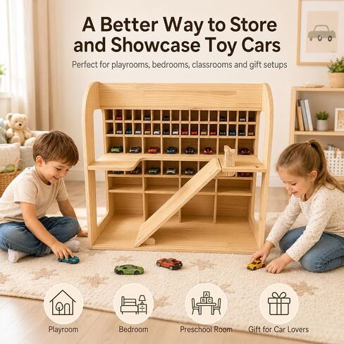 Wooden Toy Car Garage, Pine Wood Parking Garage with Ramp, Kids Vehicle Storage Organizer, Multi-Level Display Shelf for Playroom, Gift for Boys and Girls in Kuwait