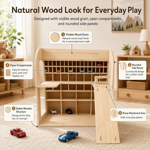 Wooden Toy Car Garage, Pine Wood Parking Garage with Ramp, Kids Vehicle Storage Organizer, Multi-Level Display Shelf for Playroom, Gift for Boys and Girls in Kuwait