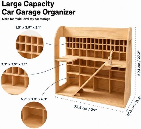 Wooden Toy Car Garage, Pine Wood Parking Garage with Ramp, Kids Vehicle Storage Organizer, Multi-Level Display Shelf for Playroom, Gift for Boys and Girls in Kuwait