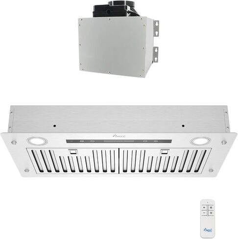 Awoco 14-1/2"D Super Quiet Split Insert Ceiling Mount Stainless Steel Range Hood, 4-Speed, 800 CFM, LED Lights, Baffle Filters with 6" Blower & Remote Control (30"W 6" Vent) in Kuwait