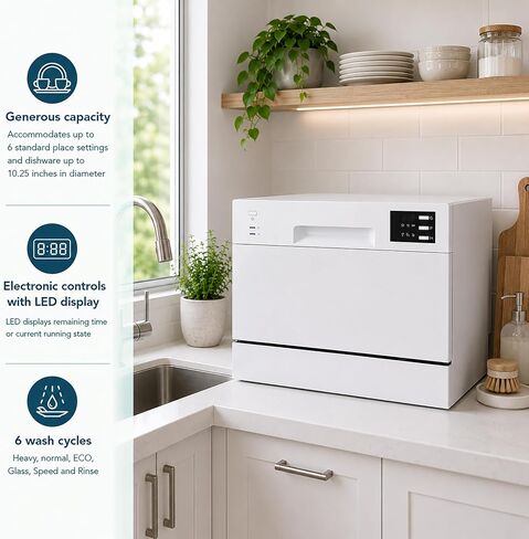 SPT SD-2225DW Compact Countertop Dishwasher/Delay Start-Energy Star Portable Dishwasher with Stainless Steel Interior and 6 Place Settings Rack Silverware Basket/Apartment Office Home Kitchen, White in Kuwait