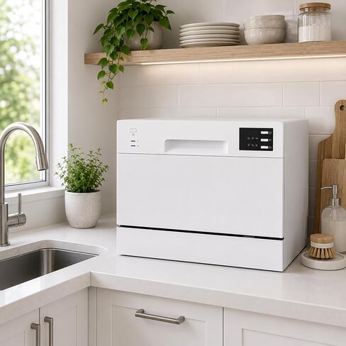 SPT SD-2225DW Compact Countertop Dishwasher/Delay Start-Energy Star Portable Dishwasher with Stainless Steel Interior and 6 Place Settings Rack Silverware Basket/Apartment Office Home Kitchen, White in Kuwait