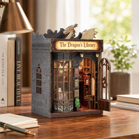 ISSEVE Dragon Library Book Nook Kit, DIY Dollhouse Booknook Bookshelf Decor in Kuwait