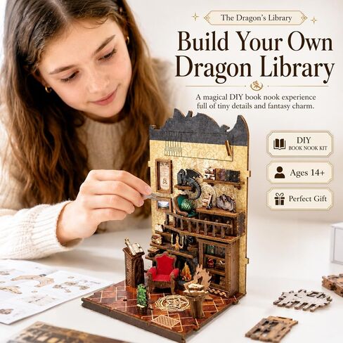 ISSEVE Dragon Library Book Nook Kit, DIY Dollhouse Booknook Bookshelf Decor in Kuwait