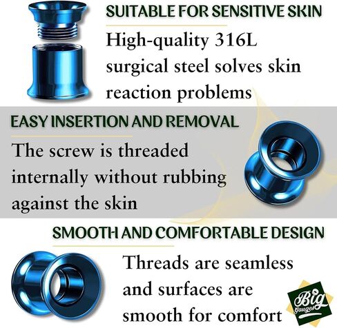 BIG GAUGES Pair of Internal Screw Surgical Steel Dark Blue Anodized Double Flared Saddle Piercing Stretcher Ear flesh Tunnel Plugs Lobe in Kuwait