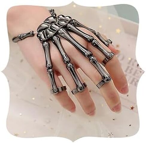 Halloween Exaggerate Skull Skeleton Finger Hand Bracelet with Rings Metal Gothic Bangle Bracelet for Women Men Boys Girls in Kuwait